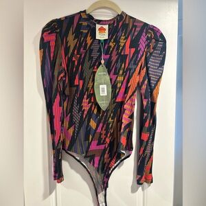 NWT Farm Rio Black Lightning Bolt Bodysuit Size S
